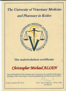 My certificate of matriculation at the UVM Kosice